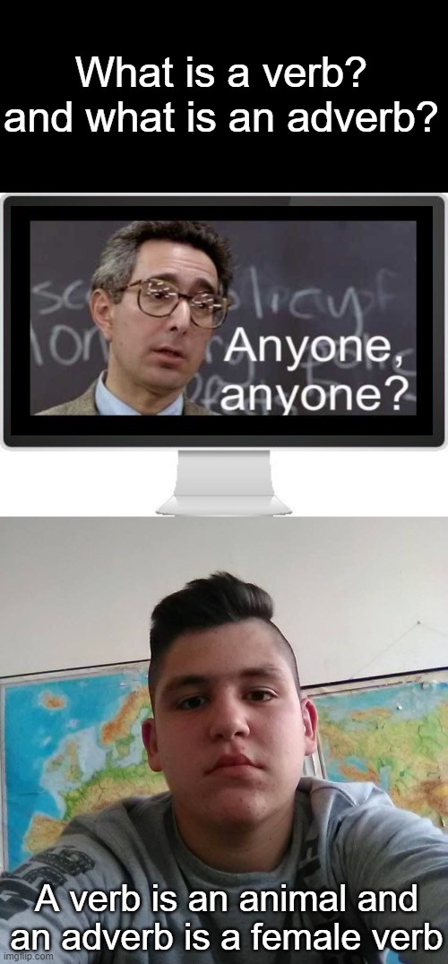 in 7th grade remote learning | What is a verb? and what is an adverb? A verb is an animal and an adverb is a female verb | image tagged in computer screen,stupid student stan,joke | made w/ Imgflip meme maker