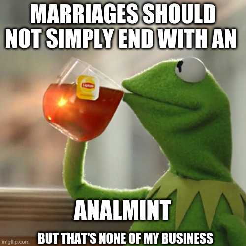 But That's None Of My Business | MARRIAGES SHOULD NOT SIMPLY END WITH AN; ANALMINT; BUT THAT'S NONE OF MY BUSINESS | image tagged in memes,but that's none of my business,kermit the frog | made w/ Imgflip meme maker