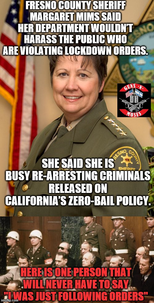 Bravo Sheriff Mims and other Law Enforcement Officers that follow their oaths. | FRESNO COUNTY SHERIFF MARGARET MIMS SAID HER DEPARTMENT WOULDN’T HARASS THE PUBLIC WHO ARE VIOLATING LOCKDOWN ORDERS. SHE SAID SHE IS BUSY RE-ARRESTING CRIMINALS RELEASED ON CALIFORNIA’S ZERO-BAIL POLICY. HERE IS ONE PERSON THAT WILL NEVER HAVE TO SAY "I WAS JUST FOLLOWING ORDERS" | image tagged in fresno,sheriff,margaret mims,nuremberg trials | made w/ Imgflip meme maker