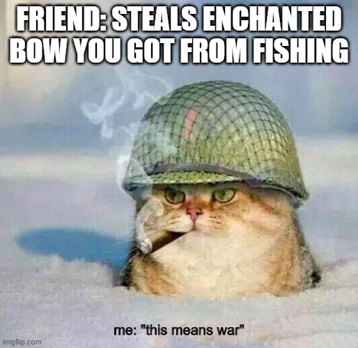 minecraft |  FRIEND: STEALS ENCHANTED BOW YOU GOT FROM FISHING; me: "this means war" | image tagged in war cat | made w/ Imgflip meme maker