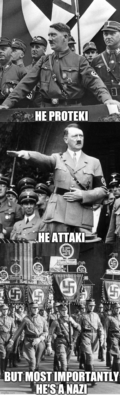 Nazi | HE PROTEKI; HE ATTAKI; BUT MOST IMPORTANTLY
HE'S A NAZI | image tagged in war | made w/ Imgflip meme maker