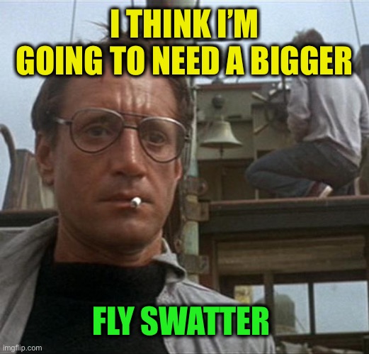 jaws | I THINK I’M GOING TO NEED A BIGGER FLY SWATTER | image tagged in jaws | made w/ Imgflip meme maker