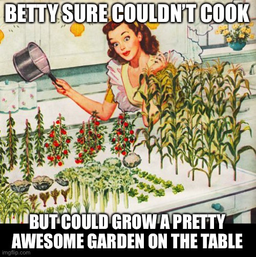 1950s Housewife: Indoor Garden | BETTY SURE COULDN’T COOK; BUT COULD GROW A PRETTY
AWESOME GARDEN ON THE TABLE | image tagged in 1950s housewife,housewife,50s housewife,vintage,retro,cooking | made w/ Imgflip meme maker