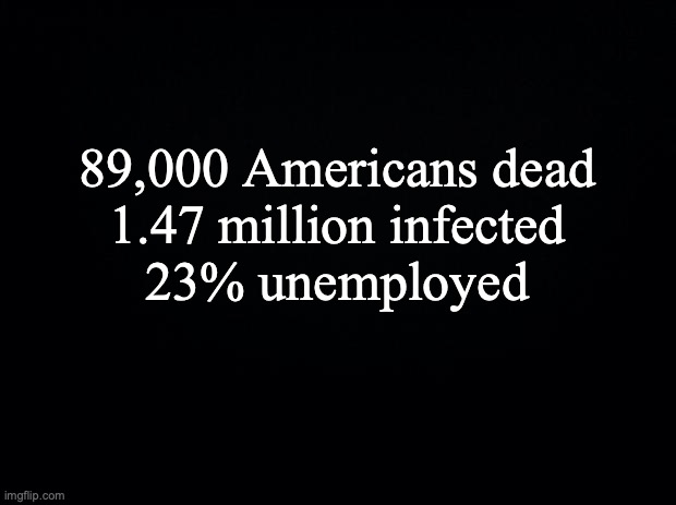 Black background | 89,000 Americans dead
1.47 million infected
23% unemployed | image tagged in black background | made w/ Imgflip meme maker