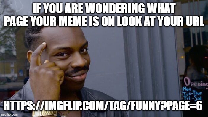 Roll Safe Think About It | IF YOU ARE WONDERING WHAT PAGE YOUR MEME IS ON LOOK AT YOUR URL; HTTPS://IMGFLIP.COM/TAG/FUNNY?PAGE=6 | image tagged in memes,roll safe think about it | made w/ Imgflip meme maker