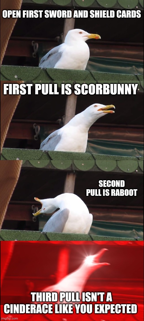 Ok So This Happened | OPEN FIRST SWORD AND SHIELD CARDS; FIRST PULL IS SCORBUNNY; SECOND PULL IS RABOOT; THIRD PULL ISN'T A CINDERACE LIKE YOU EXPECTED | image tagged in memes,inhaling seagull | made w/ Imgflip meme maker