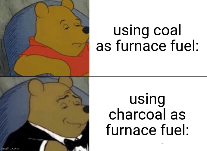 Meh | using coal as furnace fuel:; using charcoal as furnace fuel: | image tagged in memes,tuxedo winnie the pooh | made w/ Imgflip meme maker