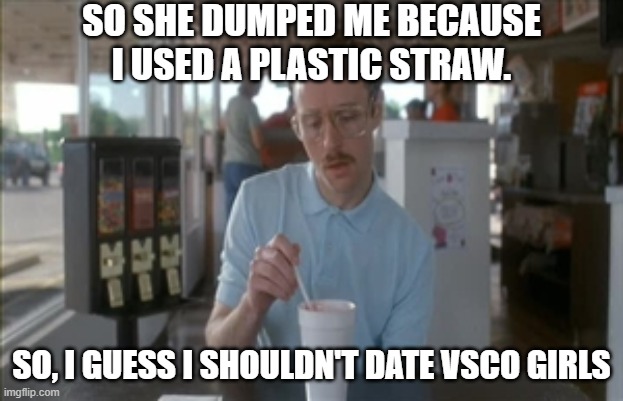 So I Guess You Can Say Things Are Getting Pretty Serious | SO SHE DUMPED ME BECAUSE I USED A PLASTIC STRAW. SO, I GUESS I SHOULDN'T DATE VSCO GIRLS | image tagged in memes,so i guess you can say things are getting pretty serious | made w/ Imgflip meme maker