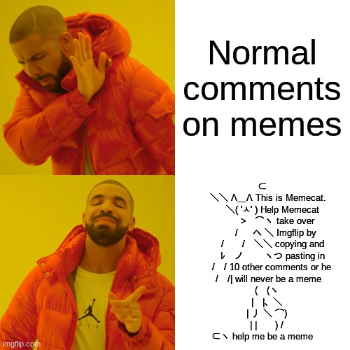 Drake Hotline Bling Meme | Normal comments on memes ⊂
　 ＼＼ Λ＿Λ This is Memecat.
　　 ＼( 'ㅅ' ) Help Memecat
　　　 >　⌒ヽ take over
　　　/ 　 へ ＼ Imgflip by
　　 /　　/　＼＼ copying an | image tagged in memes,drake hotline bling | made w/ Imgflip meme maker