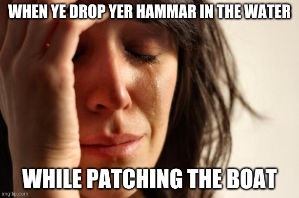 Arr, builder problems | WHEN YE DROP YER HAMMER IN THE WATER; WHILE PATCHING THE BOAT | image tagged in memes,first world problems | made w/ Imgflip meme maker