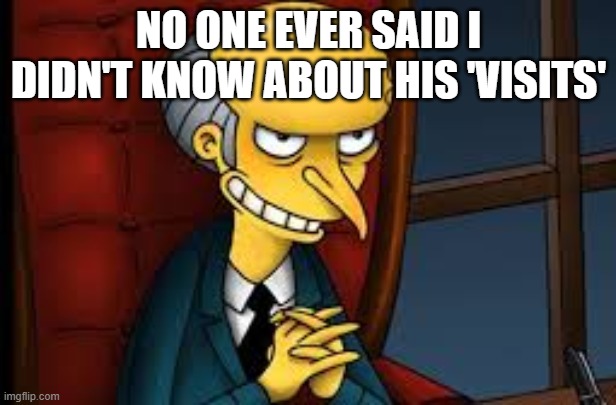 evil grin | NO ONE EVER SAID I DIDN'T KNOW ABOUT HIS 'VISITS' | image tagged in evil grin | made w/ Imgflip meme maker