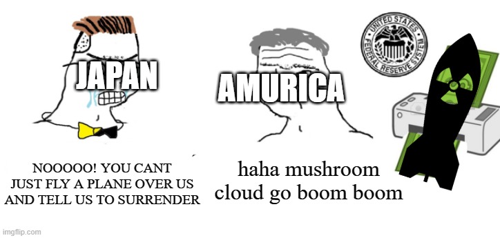 idk | JAPAN; AMURICA; NOOOOO! YOU CANT JUST FLY A PLANE OVER US AND TELL US TO SURRENDER; haha mushroom cloud go boom boom | image tagged in haha money printer go brrr | made w/ Imgflip meme maker