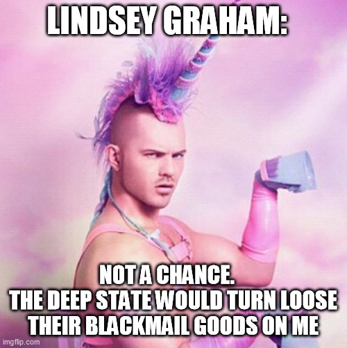 Unicorn MAN Meme | LINDSEY GRAHAM: NOT A CHANCE.   
THE DEEP STATE WOULD TURN LOOSE THEIR BLACKMAIL GOODS ON ME | image tagged in memes,unicorn man | made w/ Imgflip meme maker