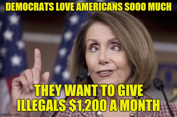 Good luck passing that, moron. (Yet, illegals can't be counted.) | DEMOCRATS LOVE AMERICANS SOOO MUCH; THEY WANT TO GIVE ILLEGALS $1,200 A MONTH | image tagged in nancy pelosi,3 trillion,stimulus package | made w/ Imgflip meme maker