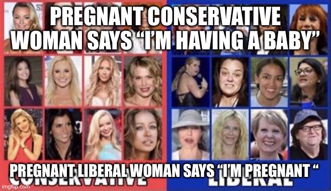 Conservative VS Liberal | PREGNANT CONSERVATIVE WOMAN SAYS “I’M HAVING A BABY”; PREGNANT LIBERAL WOMAN SAYS “I’M PREGNANT “ | image tagged in pregnant,conservatives,liberals | made w/ Imgflip meme maker