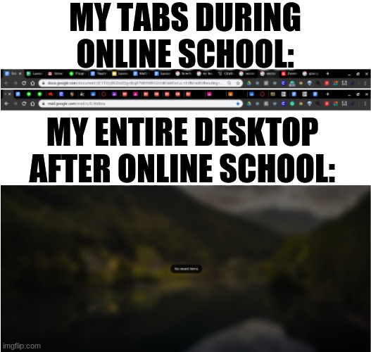 Online skool tab lvl | MY TABS DURING ONLINE SCHOOL:; MY ENTIRE DESKTOP AFTER ONLINE SCHOOL: | image tagged in online school | made w/ Imgflip meme maker