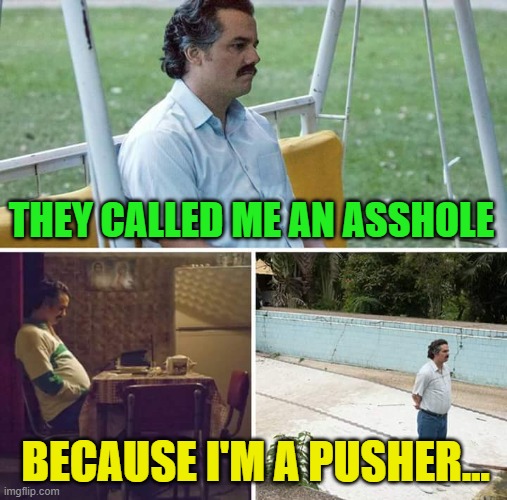 Sad Pablo Escobar | THEY CALLED ME AN ASSHOLE; BECAUSE I'M A PUSHER... | image tagged in memes,sad pablo escobar | made w/ Imgflip meme maker
