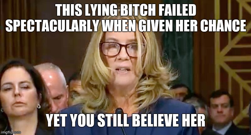 Christine Blasey Ford | THIS LYING BITCH FAILED SPECTACULARLY WHEN GIVEN HER CHANCE YET YOU STILL BELIEVE HER | image tagged in christine blasey ford | made w/ Imgflip meme maker