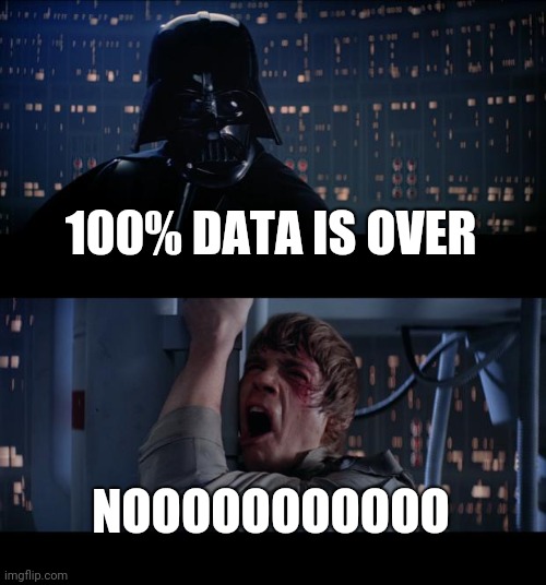 Star Wars No Meme | 100% DATA IS OVER; NOOOOOOOOOOO | image tagged in memes,star wars no | made w/ Imgflip meme maker