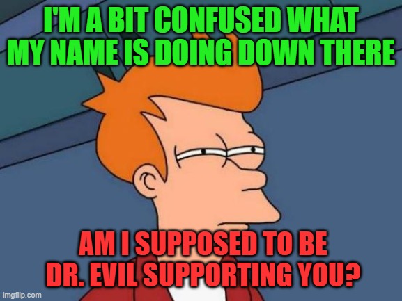 Futurama Fry Meme | I'M A BIT CONFUSED WHAT MY NAME IS DOING DOWN THERE AM I SUPPOSED TO BE DR. EVIL SUPPORTING YOU? | image tagged in memes,futurama fry | made w/ Imgflip meme maker
