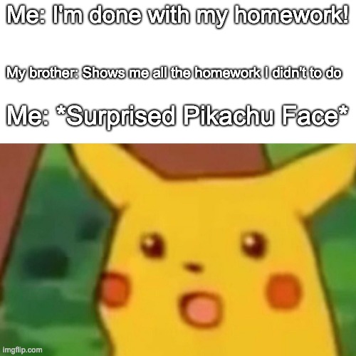 HOMEWORK OVERLOAD!!! | Me: I'm done with my homework! My brother: Shows me all the homework I didn't to do; Me: *Surprised Pikachu Face* | image tagged in memes,surprised pikachu | made w/ Imgflip meme maker