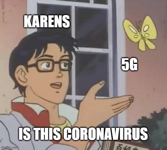 Is This A Pigeon Meme | KARENS; 5G; IS THIS CORONAVIRUS | image tagged in memes,is this a pigeon | made w/ Imgflip meme maker