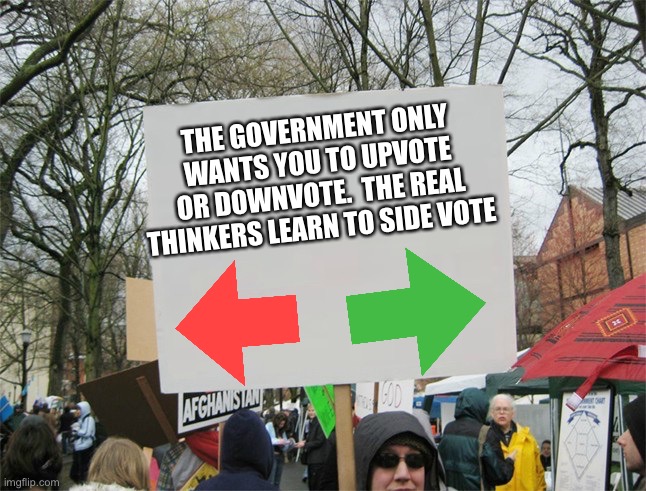 Blank protest sign | THE GOVERNMENT ONLY WANTS YOU TO UPVOTE OR DOWNVOTE.  THE REAL THINKERS LEARN TO SIDE VOTE | image tagged in blank protest sign | made w/ Imgflip meme maker