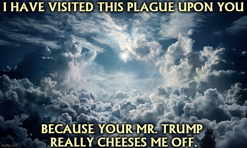 That's as good an answer as any. | I HAVE VISITED THIS PLAGUE UPON YOU; BECAUSE YOUR MR. TRUMP 
REALLY CHEESES ME OFF. | image tagged in coronavirus,covid-19,heaven,god,trump | made w/ Imgflip meme maker