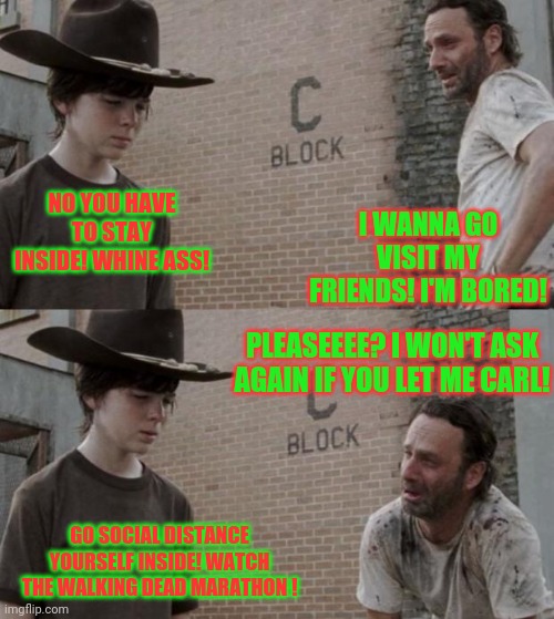 Carl in charge! | NO YOU HAVE TO STAY INSIDE! WHINE ASS! I WANNA GO VISIT MY FRIENDS! I'M BORED! PLEASEEEE? I WON'T ASK AGAIN IF YOU LET ME CARL! GO SOCIAL DISTANCE YOURSELF INSIDE! WATCH THE WALKING DEAD MARATHON ! | image tagged in memes,rick and carl,social distancing,coronavirus,walking dead | made w/ Imgflip meme maker