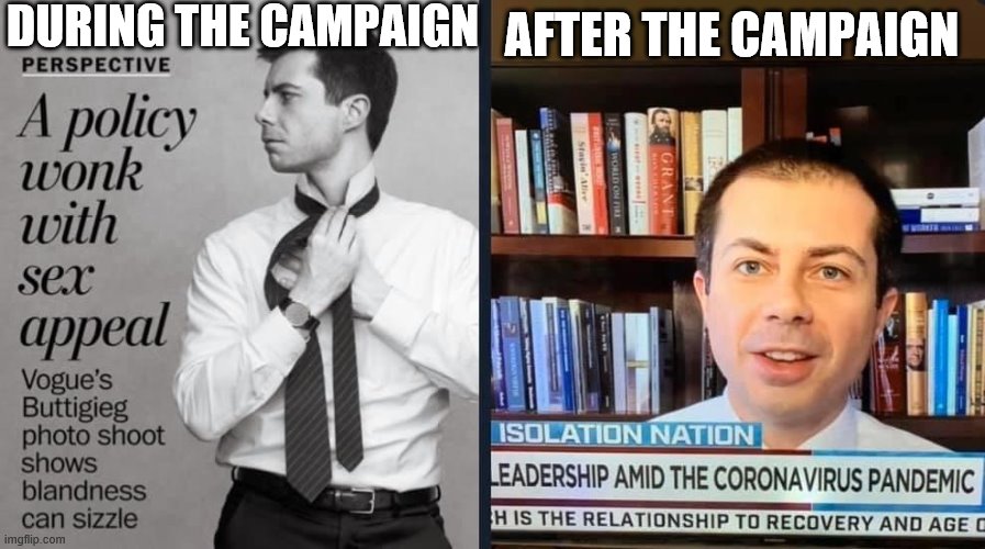 Cringing at Buttigieg -- one of my favorite Democratic candidates from the '20 cycle. | DURING THE CAMPAIGN; AFTER THE CAMPAIGN | image tagged in buttigieg before  after,coronavirus,election 2020,democrats,democratic party,elections | made w/ Imgflip meme maker