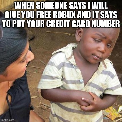 Third World Skeptical Kid Meme | WHEN SOMEONE SAYS I WILL GIVE YOU FREE ROBUX AND IT SAYS TO PUT YOUR CREDIT CARD NUMBER | image tagged in memes,third world skeptical kid | made w/ Imgflip meme maker