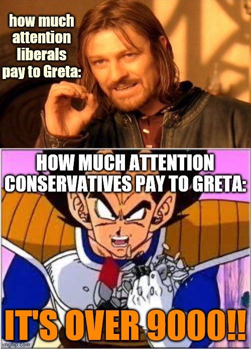 Greta is not a scientist. That doesn't excuse you from going and listening to the scientists. | how much attention liberals pay to Greta:; HOW MUCH ATTENTION CONSERVATIVES PAY TO GRETA:; IT'S OVER 9000!! | image tagged in one does not simply,its over 9000,greta thunberg,greta,climate change,global warming | made w/ Imgflip meme maker
