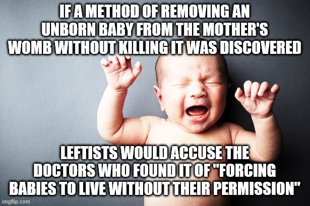 Even if we met them halfway, they still wouldn't be satisfied | IF A METHOD OF REMOVING AN UNBORN BABY FROM THE MOTHER'S WOMB WITHOUT KILLING IT WAS DISCOVERED; LEFTISTS WOULD ACCUSE THE DOCTORS WHO FOUND IT OF "FORCING BABIES TO LIVE WITHOUT THEIR PERMISSION" | image tagged in abortion is murder,pro life,liberal logic,stupid liberals,feminazi,newborn | made w/ Imgflip meme maker