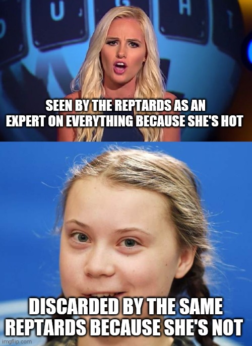 Curb your reptardation | SEEN BY THE REPTARDS AS AN EXPERT ON EVERYTHING BECAUSE SHE'S HOT; DISCARDED BY THE SAME REPTARDS BECAUSE SHE'S NOT | image tagged in memes,scumbag republicans | made w/ Imgflip meme maker