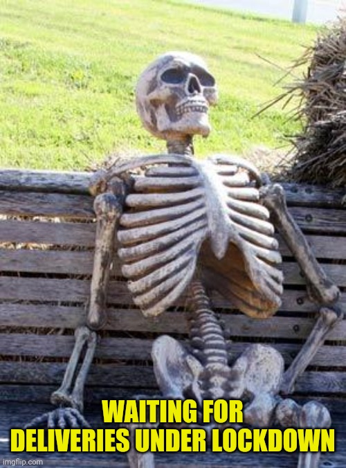 Waiting in lockdown | WAITING FOR DELIVERIES UNDER LOCKDOWN | image tagged in memes,waiting skeleton,lockdown | made w/ Imgflip meme maker