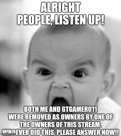 ANGREY | ALRIGHT PEOPLE, LISTEN UP! BOTH ME AND GTGAMER011 WERE REMOVED AS OWNERS BY ONE OF THE OWNERS OF THIS STREAM.
WHOEVER DID THIS, PLEASE ANSWER NOW!! | image tagged in memes,angry baby,owner,imgflip users | made w/ Imgflip meme maker