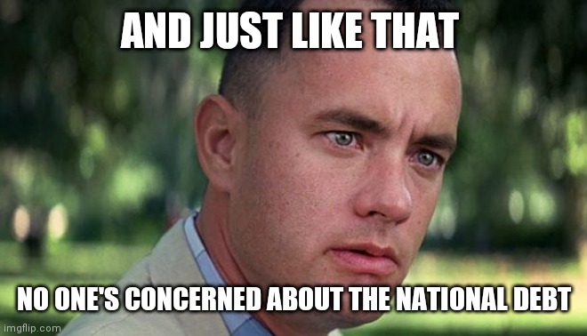 Forest Gump | AND JUST LIKE THAT; NO ONE'S CONCERNED ABOUT THE NATIONAL DEBT | image tagged in forest gump | made w/ Imgflip meme maker