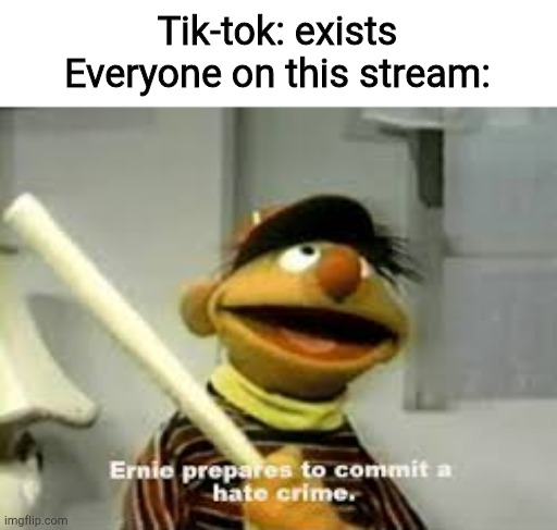 Ernie Prepares to commit a hate crime | Tik-tok: exists
Everyone on this stream: | image tagged in ernie prepares to commit a hate crime | made w/ Imgflip meme maker