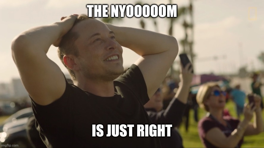 Elon Musk & Space X rocket in the sky | THE NYOOOOOM IS JUST RIGHT | image tagged in elon musk  space x rocket in the sky | made w/ Imgflip meme maker