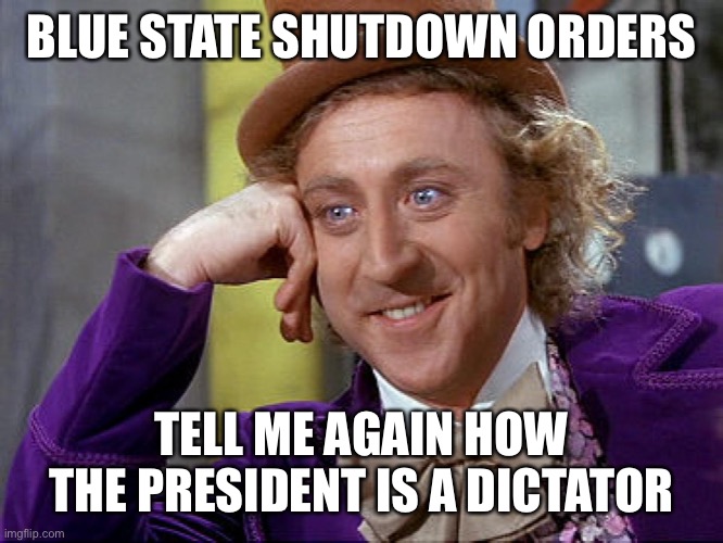 Who’s a dictator | BLUE STATE SHUTDOWN ORDERS; TELL ME AGAIN HOW THE PRESIDENT IS A DICTATOR | image tagged in big willy wonka tell me again | made w/ Imgflip meme maker