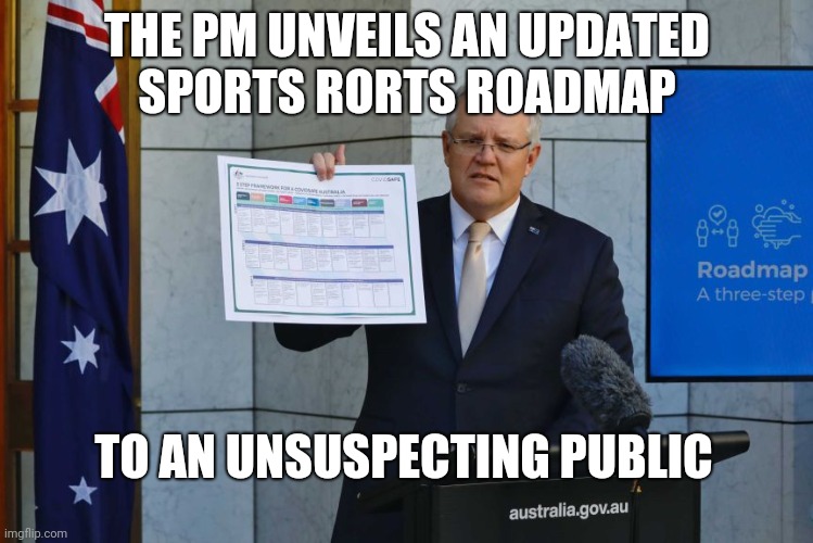 Scomo Rorts | THE PM UNVEILS AN UPDATED
SPORTS RORTS ROADMAP; TO AN UNSUSPECTING PUBLIC | image tagged in sportsrorts,australia,prime minister | made w/ Imgflip meme maker