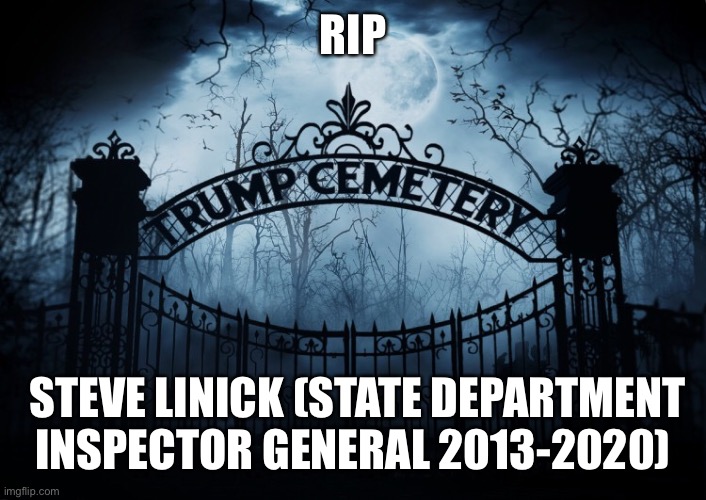 Rip Steve Linick | RIP; STEVE LINICK (STATE DEPARTMENT INSPECTOR GENERAL 2013-2020) | image tagged in steve linick,donald trump,fired,rip,trump cemetery,satire | made w/ Imgflip meme maker