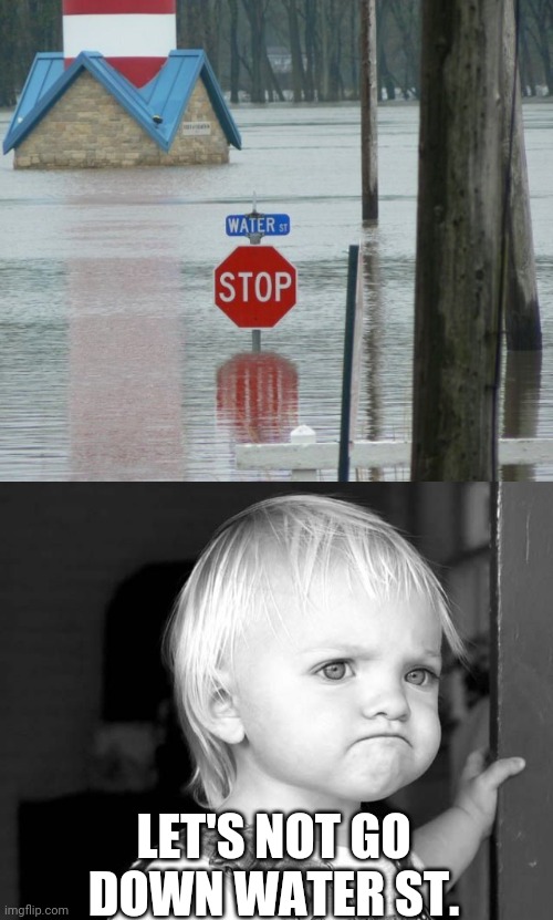 TURN AROUND | LET'S NOT GO DOWN WATER ST. | image tagged in frown kid,flood | made w/ Imgflip meme maker
