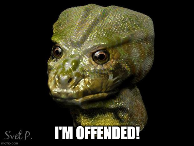 reptilian shapeshifter guy | I'M OFFENDED! | image tagged in reptilian shapeshifter guy | made w/ Imgflip meme maker