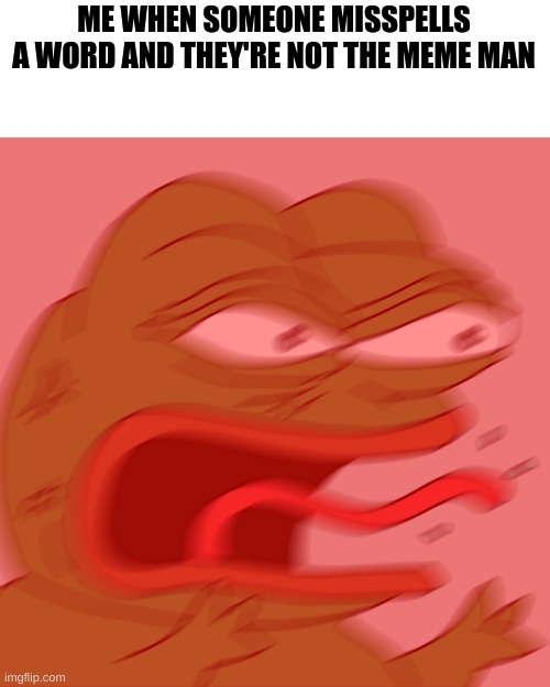 This is something a few people can relate to...am I right? | ME WHEN SOMEONE MISSPELLS A WORD AND THEY'RE NOT THE MEME MAN | image tagged in rage pepe | made w/ Imgflip meme maker