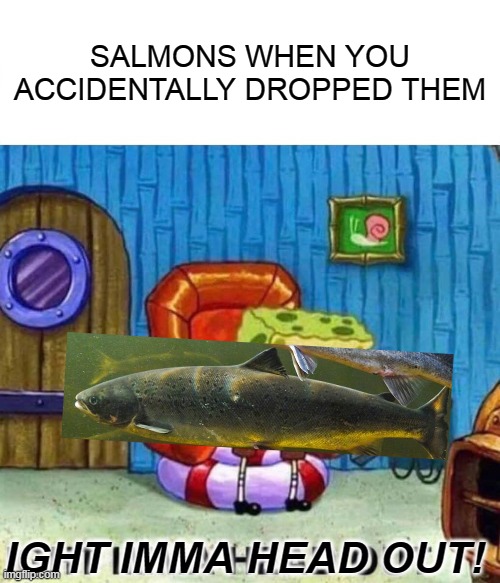 Silly salmon? | SALMONS WHEN YOU ACCIDENTALLY DROPPED THEM; IGHT IMMA HEAD OUT! | image tagged in silly salmon,lol | made w/ Imgflip meme maker
