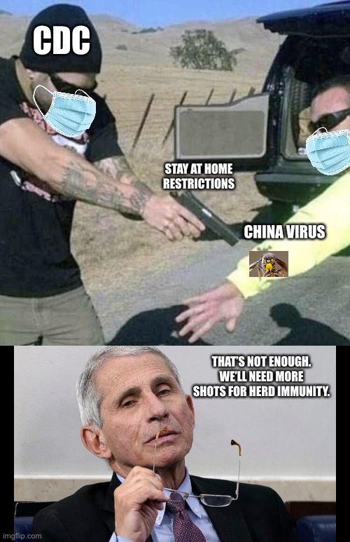 This sure seems like overkill | CDC; STAY AT HOME RESTRICTIONS; CHINA VIRUS; THAT’S NOT ENOUGH. WE’LL NEED MORE SHOTS FOR HERD IMMUNITY. | image tagged in overkill extermination,memes,virus,shots,stay home,triggered | made w/ Imgflip meme maker