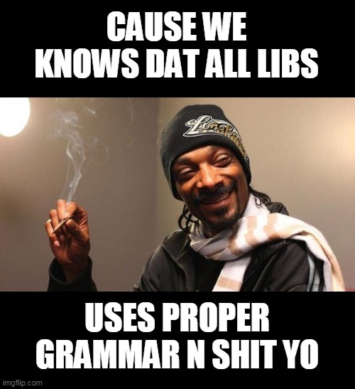 Snoop Dogg | CAUSE WE KNOWS DAT ALL LIBS USES PROPER GRAMMAR N SHIT YO | image tagged in snoop dogg | made w/ Imgflip meme maker