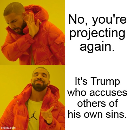 Drake Hotline Bling Meme | No, you're projecting again. It's Trump who accuses others of his own sins. | image tagged in memes,drake hotline bling | made w/ Imgflip meme maker