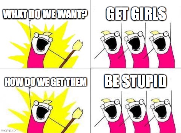 What Do We Want Meme | WHAT DO WE WANT? GET GIRLS; BE STUPID; HOW DO WE GET THEM | image tagged in memes,what do we want | made w/ Imgflip meme maker
